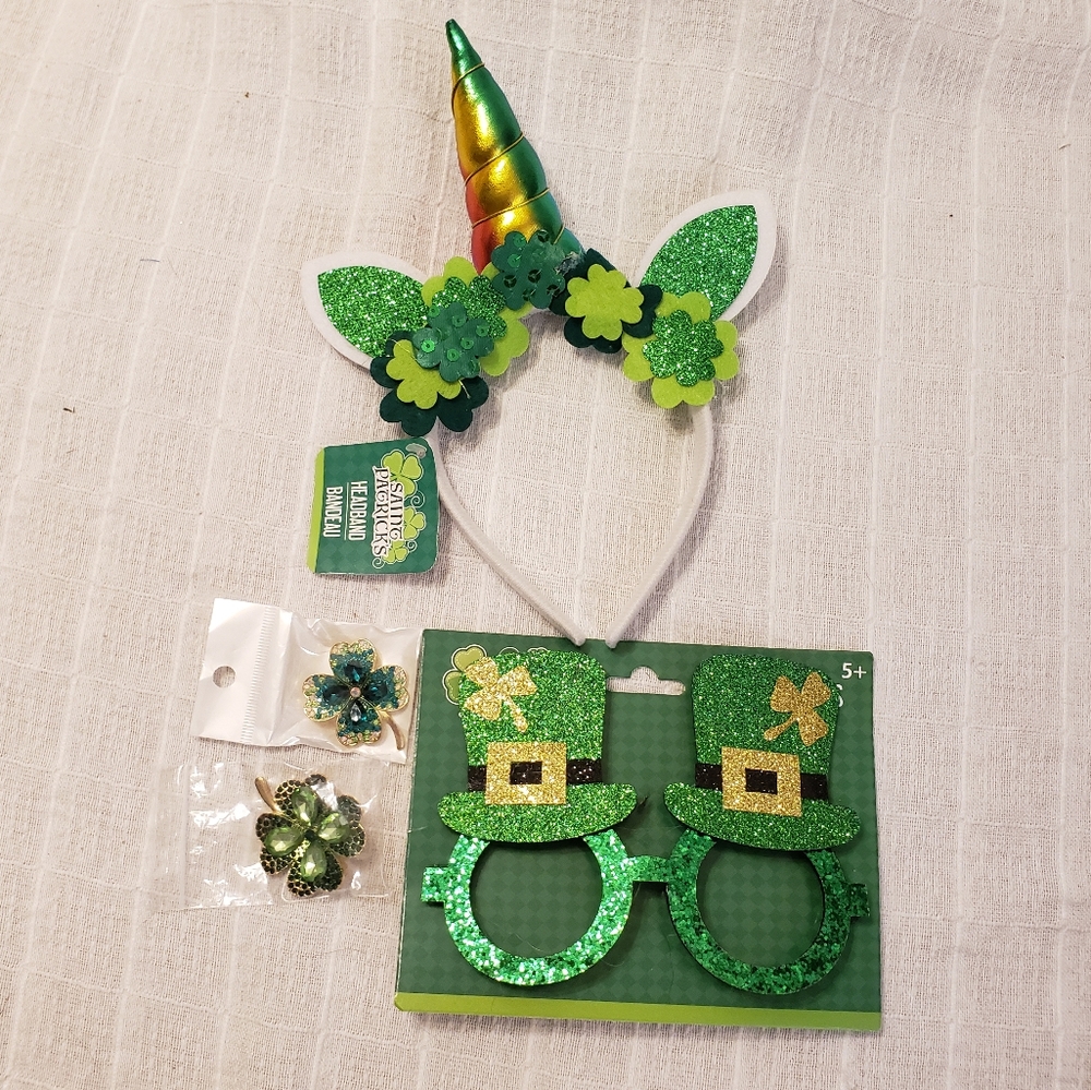 St Patty's Day headband glasses pin set